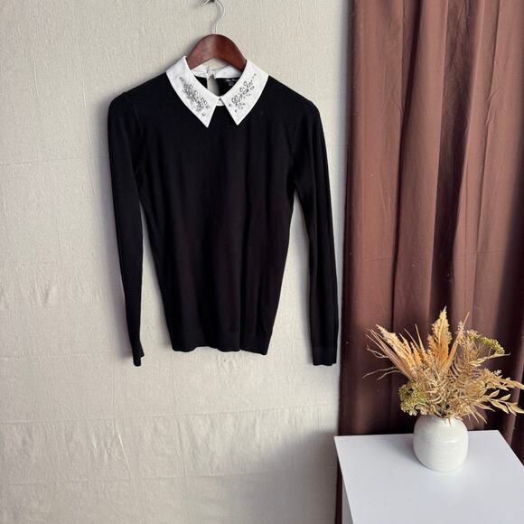 Vilci Milano Sweater Top Size S Black Pearl Button White Gem Bling Detail Shirt - Picture 1 of 11